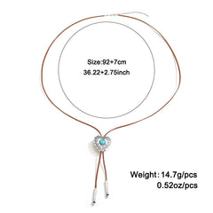 Vintage Style Heart Pendant Necklace, Turquoise Stone, Brown Leather Cord, Silver Tone