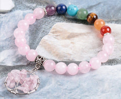 Chakra Pink Quartz Tree of Life - Beaded Bracelet