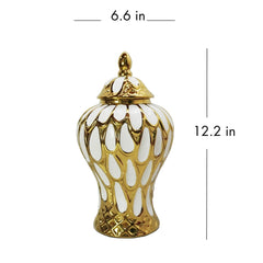 12.50"H Alluring White and Gold Ginger Jar with Removable Lid