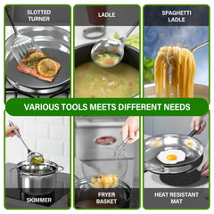 18-Piece Stainless Steel Kitchen Cookware Set, Including Saucepan, Casseroles with Tempered Glass Lid, Frypan, Steamer, Salad Bowl with Cover, Fryer Basket, Heat Resistant Mat & Utensils Set - Silver