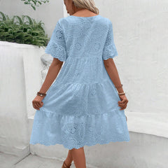 Women's Eyelet Lace Summer Dress, Short Sleeve, A-Line, Knee Length