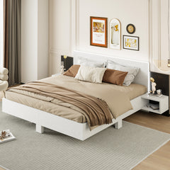 King Size Wooden Floating Platform Bed, with LED Lights, Bedside Nightstand, White