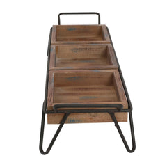 Artisinal Wood Serving Tray, 3 Seperate Sections and Metal Frame, Brown/ Black