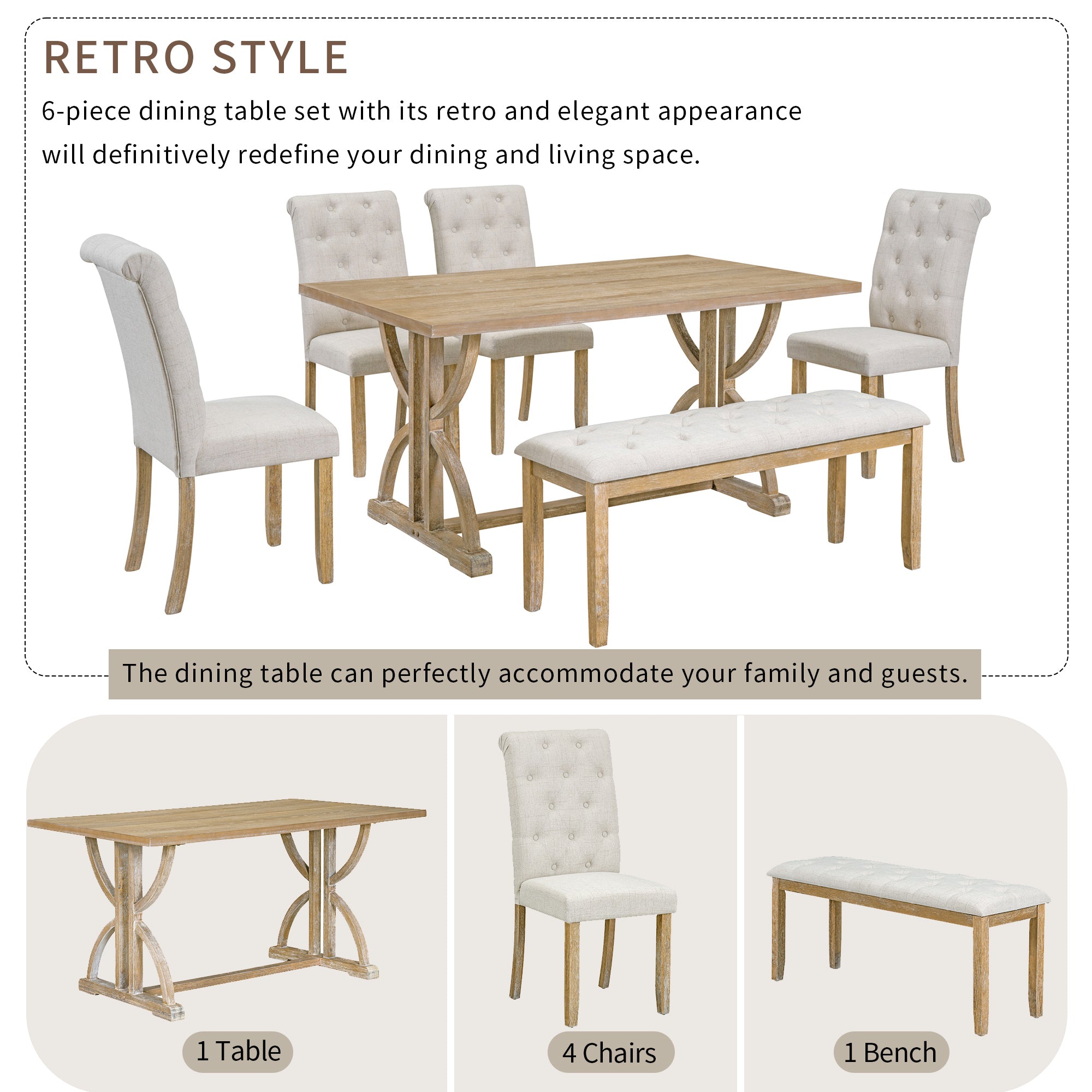 6-Piece Retro Rectangular Dining Table Set, Table with Unique Legs and 4 Upholstered Chairs & 1 Bench - Natural Wood Wash