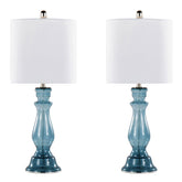 25" Contemporary Table Lamp in Clear Angel Blue Seeded Glass, Polished Nickel and White Linen Shade- Set of 2
