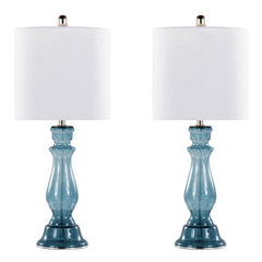 25" Contemporary Table Lamp in Clear Angel Blue Seeded Glass, Polished Nickel and White Linen Shade- Set of 2