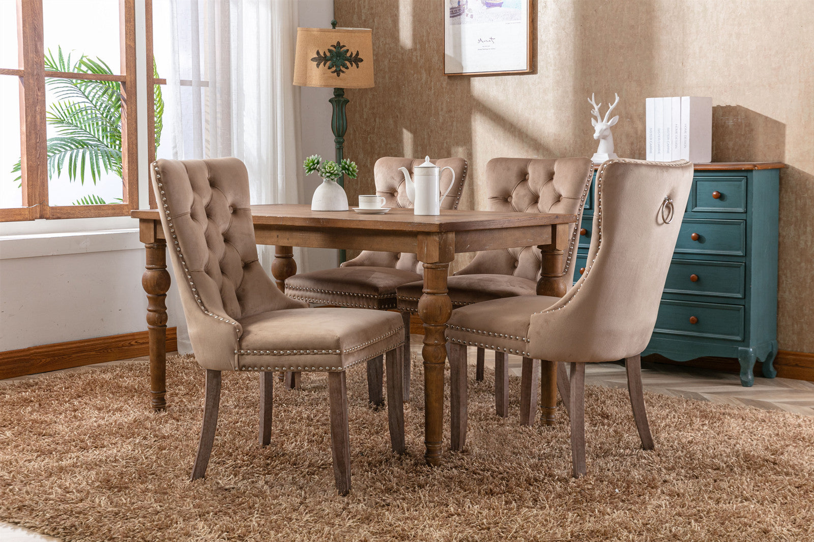 High-end Tufted Solid Wood Contemporary Velvet Upholstered Dining Chair with Wood Legs Nailhead Trim 2-Pcs Set, Khaki