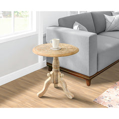 French Style Intricately Carved Round Top Mango Wood Side End Table with Pedestal Base - Natural and White