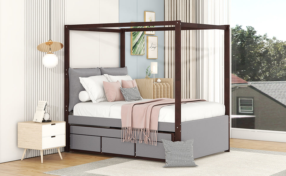 Full Size Upholstered  Canopy Bed with Trundle and 3 Drawers - Gray