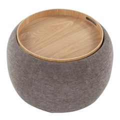 Tray Pouf Contemporary Ottoman in Natural Wood and Brown Fabric