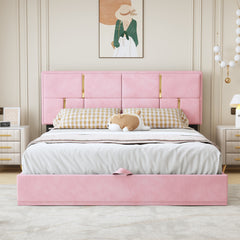 Queen Size Upholstered Platform Bed with Hydraulic Storage System, No Box Spring Needed - Pink