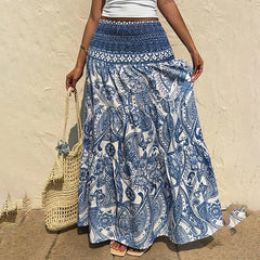 Women's Boho Floral Print Maxi Skirt - Elastic Waist A-Line Long Skirt For Spring&Summer Casual Beach Skirt