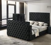 1pc Luxurious King Size Bed Deeply Tufted Headboard Nail Head Trim Upholstered Black Velvet Footboard Integrated Television Lift Mechanism Storage Furniture