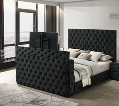 1pc Luxurious King Size Bed Deeply Tufted Headboard Nail Head Trim Upholstered Black Velvet Footboard Integrated Television Lift Mechanism Storage Furniture
