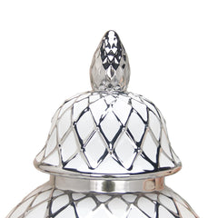 White and Silver Ceramic Decorative Jar with Lid
