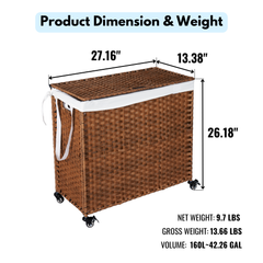 Laundry Hamper With Lid PE Rattan Powder Coating Frame Clothes Hampers with 2 Removable Bags, Wheels, 160L, Brown Color