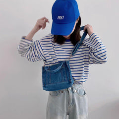 Denim Crossbody Bag Tote, Casual Style Shoulder Purse with Front Pocket, Blue