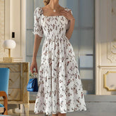 Women's Square Neck Short Sleeve A-Line Floral Print Dress Ruffled Sleeves Bust Smocked Elastic Boho Summer Vacation Dress