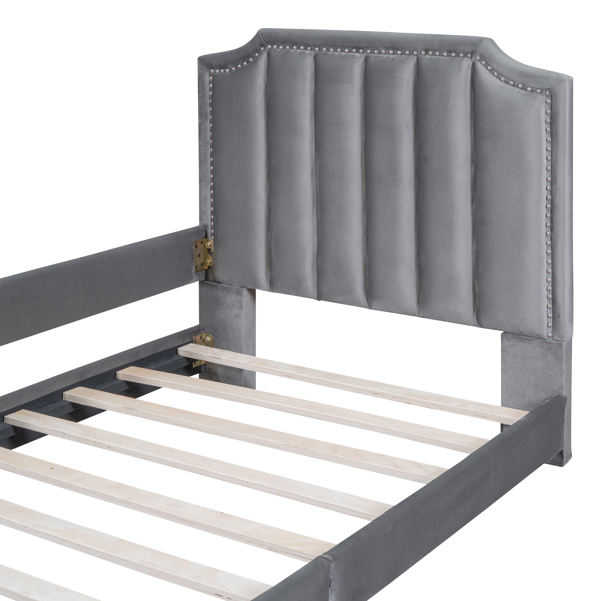 Twin Size Upholstered Daybed with Classic Stripe Shaped  Headboard - Gray