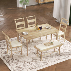 Retro Style 6-piece Dining Set with Dining Chairs and Bench - Natural