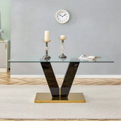 Large Modern Glass Dining Table for 6-8 with 0.4" Tempered Glass Tabletop and MDF slab V-Shaped Bracket and Metal Base