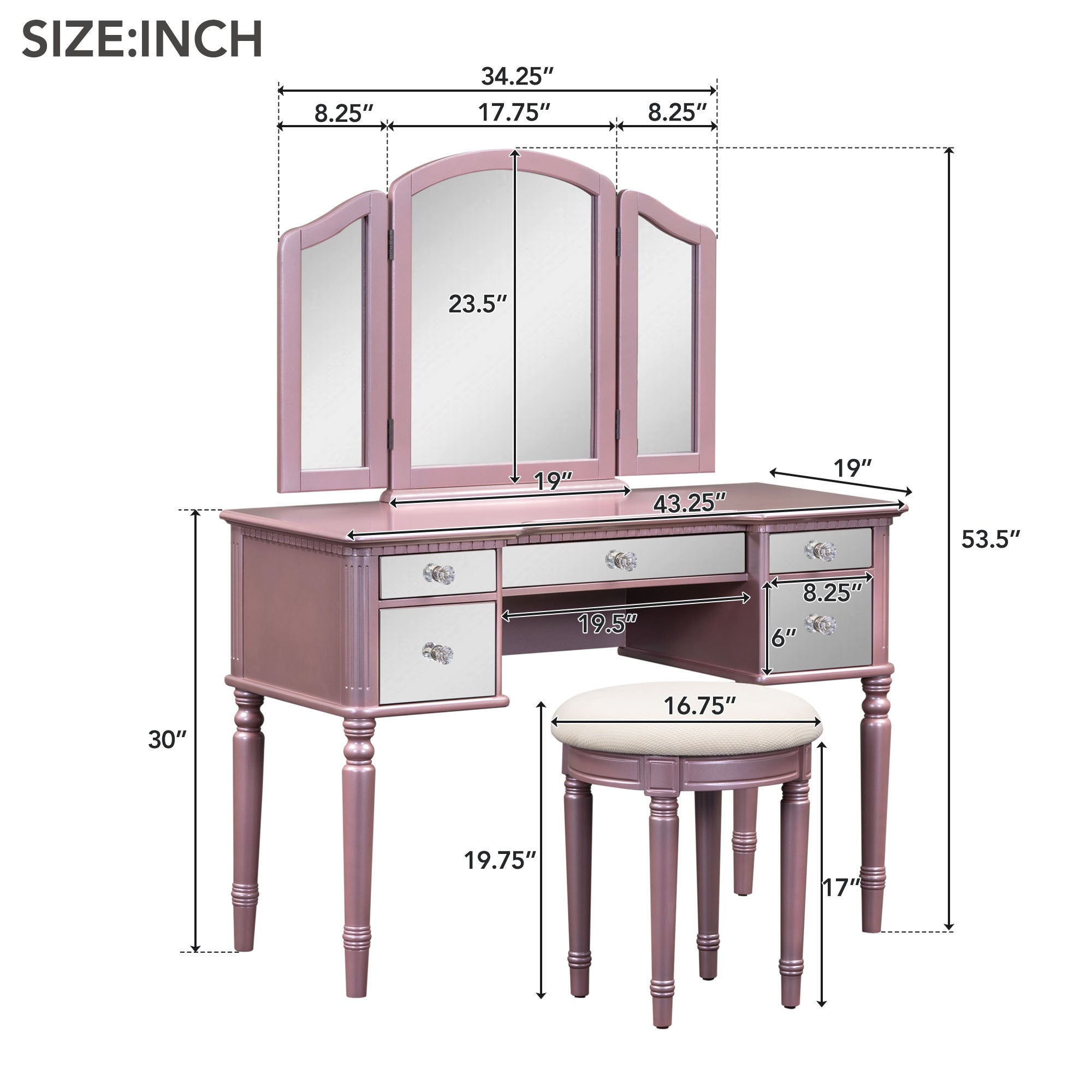 43" Makeup Vanity Set with Mirrored Drawers and Stool - Rose Gold