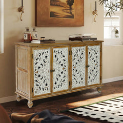 Farmhouse Sideboard Buffet with Storage, Accent Cabinet with 4 Doors, Wood Carved Floral Doors - Natural