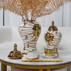 12.50"H Charming White and Gold Ginger Jar with Removable Lid