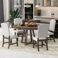 5-Piece Retro Functional Dining Set, Round Table with a 16"W Leaf and 4 Upholstered Chairs - Walnut