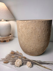 13.5" Rustic Hand-Painted & Textured Planter Pot with Drainage Hole one time creation - Tan Beige Brown