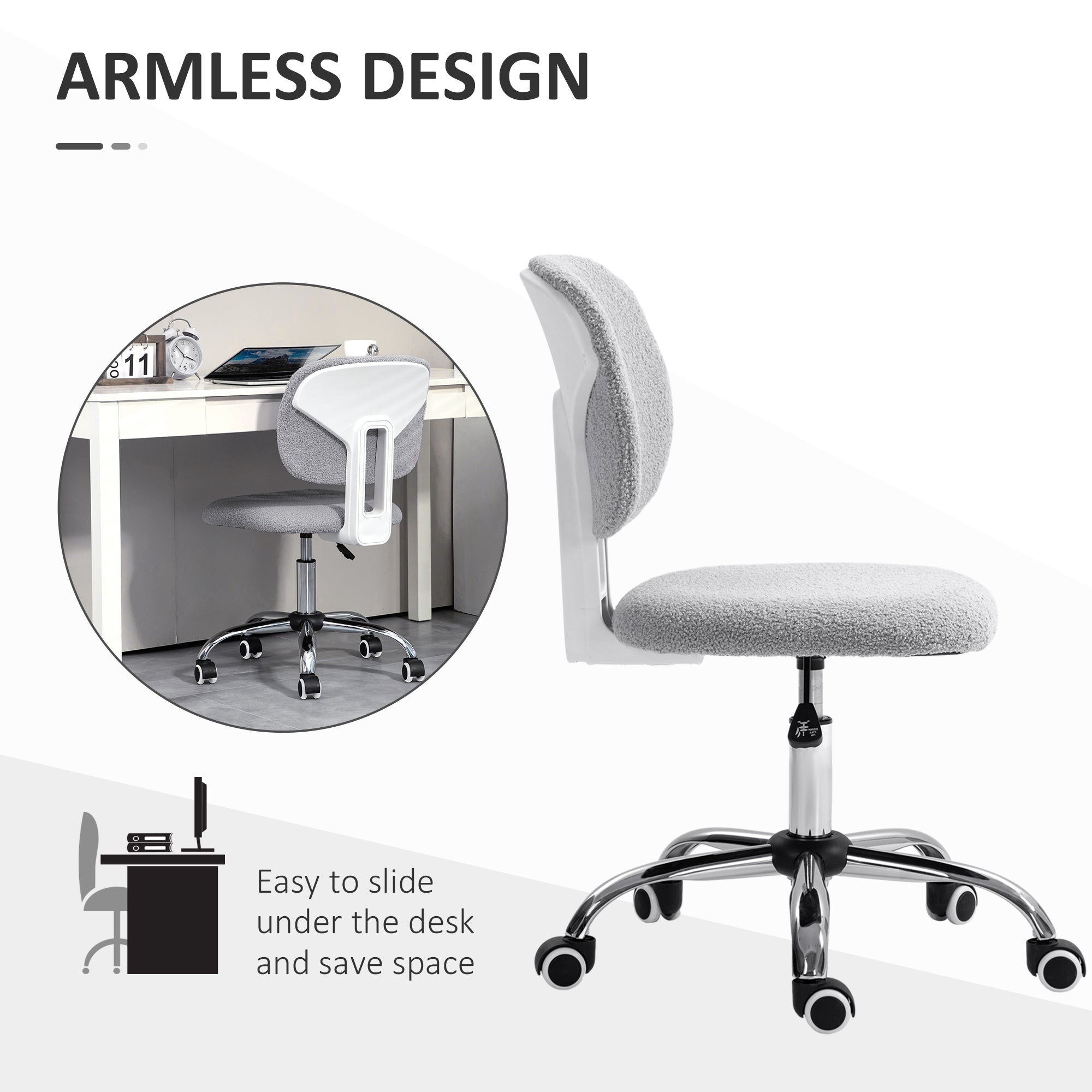 Teddy Fleece Fabric Computer Desk Chair with Adjustable Height- Light Gray
