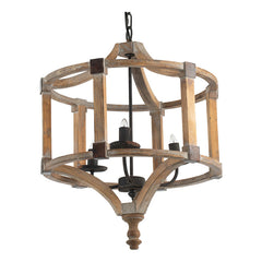 3-Light Wood Drum Chandelier, Hanging Light Fixture with Adjustable Chain