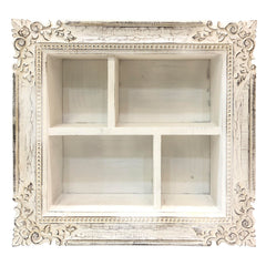 28 Inch Rectangular Wall Mount Mango Wood Shelf, 4 Compartments, Floral Carving, Distressed White