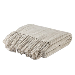 Throw Blanket with Woven Ends and Fringes, Off White