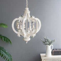 French Country Wood Chandelier, 6-Light Farmhouse Pendant Light Fixture with Adjustable Chain