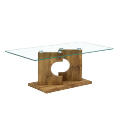 Modern Rectangular Coffee Table with Tempered Glass Top and Wood Color MDF Legs for Living Room