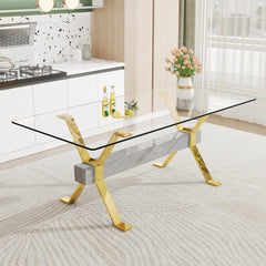 Modern Tempered Glass Dining Table - Transparent with Gold Plated Metal Legs (no chairs included))