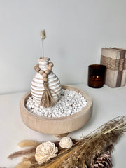 Set of 3 Home Decorative Round Wood Tray, Small Boho Style Vase, White Rocks