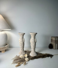 Set of 2 candlestick tray holders hand-painted and textured minimalist roman style 12" tall - Cream Sand wash