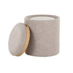 Tray Contemporary Nesting Ottoman Set in Light Brown Fabric and Natural Wood