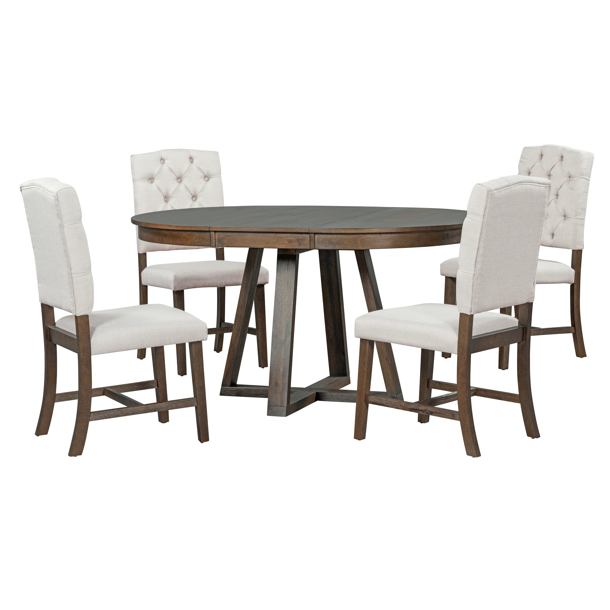 5-Piece Retro Functional Dining Set, Round Table with a 16"W Leaf and 4 Upholstered Chairs - Walnut