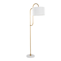 63" Glam/Art Deco Metal Floor Lamp in White Marble and Gold Metal with White Linen Shade