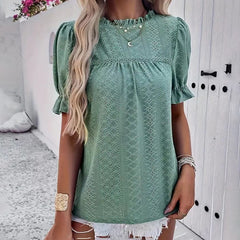 Women's Elegant Ruffle Detail Blouse Short Sleeve Round Neck Top