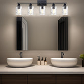 5-Light Bathroom Lighting Fixtures Over Mirror 40 Inches Length, Contemporary Black Vanity Light Industrial Wall Lamp with Clear Hammered Glass Shade