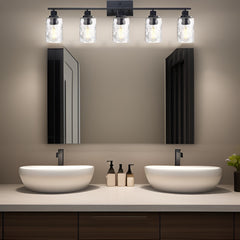 5-Light Bathroom Lighting Fixtures Over Mirror 40 Inches Length, Contemporary Black Vanity Light Industrial Wall Lamp with Clear Hammered Glass Shade