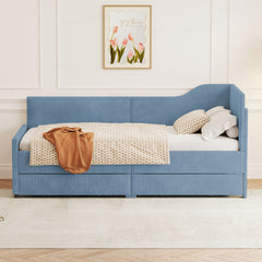 Twin Size L-Shaped Corduroy Daybed,Upholstered Bed Frame with 2 Storage Drawers,Blue