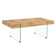 Modern Wood-Textured MDF Coffee Table with Tempered Glass Legs for Living Room, 43.3 x 23.6 Inches