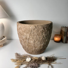 Rustic Hand-Painted & Textured Planter Pot 13" tall with drainage hole one time creation - Earth Brown on Brown