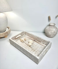 Boho Handmade Serving Wooden Tray Whitewash Finish with Stripes 12x10x2.5”