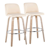 Toriano 30' Contemporary Fixed-Height Barstool with Swivel in Whitewashed Wood and Cream Faux Leather with Round Chrome Metal Footrest by LumiSource - Set of 2